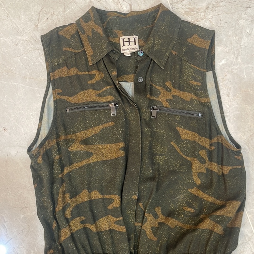 Haute Hippie Camo Dress tunic adjustable waist hidden buttons viscose size xs